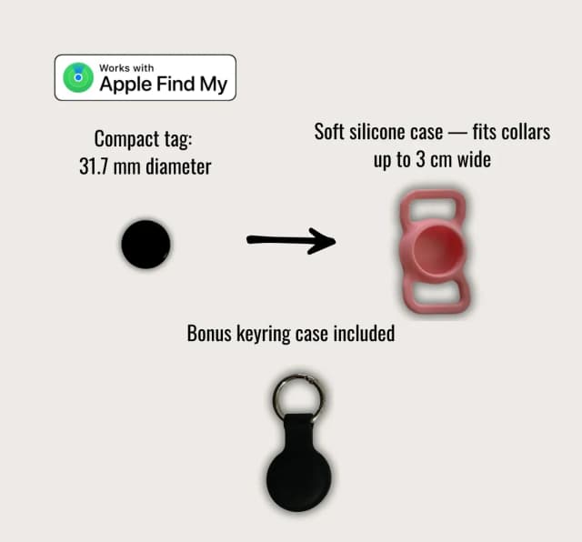 Pink Mini Smart Tag pet tracker bundle with compact tag, pink silicone collar case and bonus black keyring holder.
